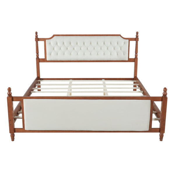 English Elm King Velvet Upholstered Platform Bed with Button Tufted Headboard and Carved Wood Posts Brown N761P428107D
