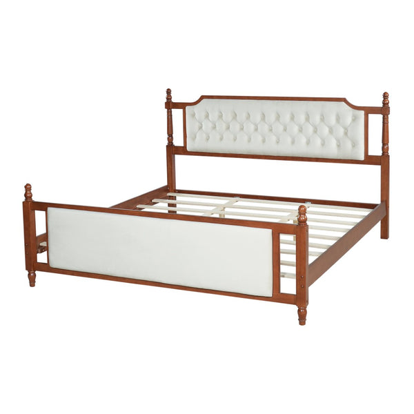 English Elm King Velvet Upholstered Platform Bed with Button Tufted Headboard and Carved Wood Posts Brown N761P428107D