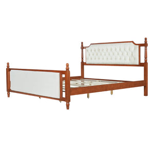 English Elm King Velvet Upholstered Platform Bed with Button Tufted Headboard and Carved Wood Posts Brown N761P428107D