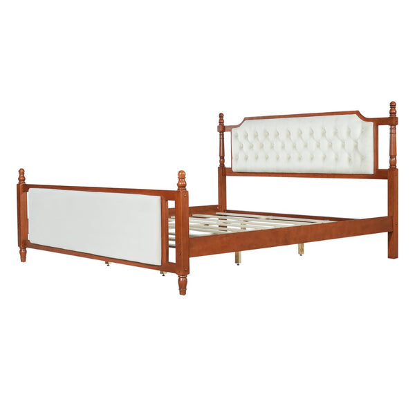 English Elm King Velvet Upholstered Platform Bed with Button Tufted Headboard and Carved Wood Posts Brown N761P428107D