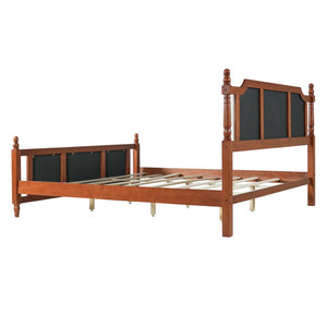 English Elm King Velvet Upholstered Platform Bed with Button Tufted Headboard and Carved Wood Posts Brown N761P428107D