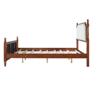 English Elm King Velvet Upholstered Platform Bed with Button Tufted Headboard and Carved Wood Posts Brown N761P428107D