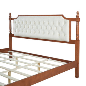 English Elm King Velvet Upholstered Platform Bed with Button Tufted Headboard and Carved Wood Posts Brown N761P428107D