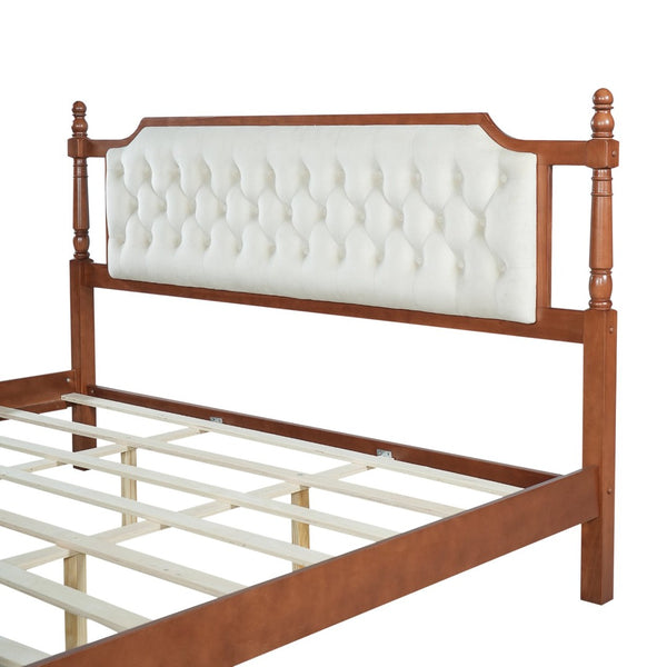English Elm King Velvet Upholstered Platform Bed with Button Tufted Headboard and Carved Wood Posts Brown N761P428107D