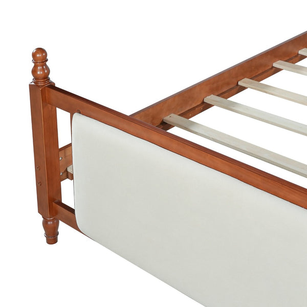 English Elm King Velvet Upholstered Platform Bed with Button Tufted Headboard and Carved Wood Posts Brown N761P428107D