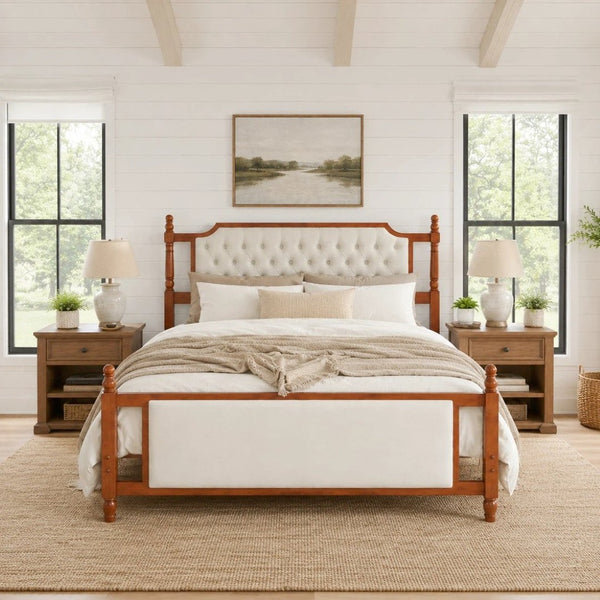 English Elm King Velvet Upholstered Platform Bed with Button Tufted Headboard and Carved Wood Posts Brown N761P428107D