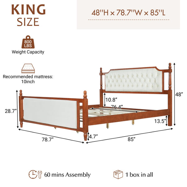 English Elm King Velvet Upholstered Platform Bed with Button Tufted Headboard and Carved Wood Posts Brown N761P428107D