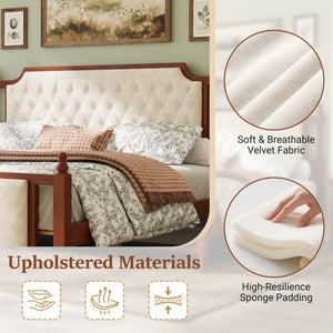 English Elm King Velvet Upholstered Platform Bed with Button Tufted Headboard and Carved Wood Posts Brown N761P428107D