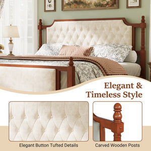English Elm King Velvet Upholstered Platform Bed with Button Tufted Headboard and Carved Wood Posts Brown N761P428107D