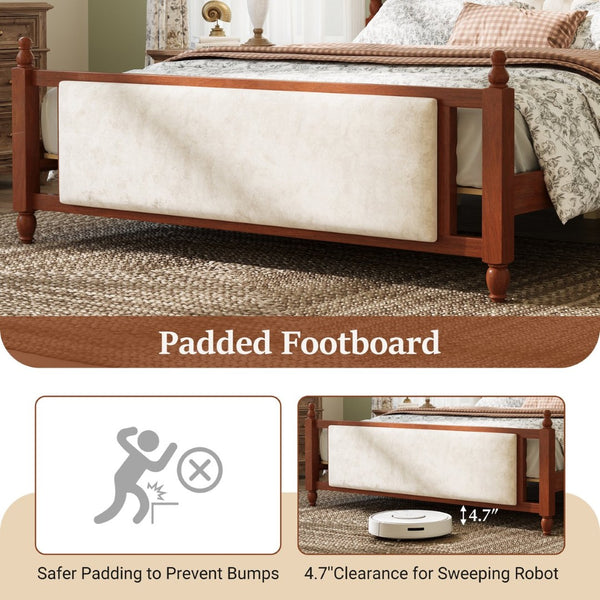 English Elm King Velvet Upholstered Platform Bed with Button Tufted Headboard and Carved Wood Posts Brown N761P428107D