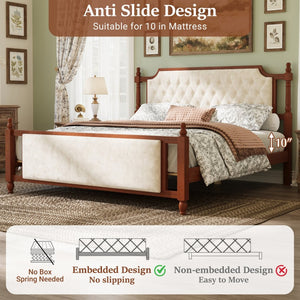 English Elm King Velvet Upholstered Platform Bed with Button Tufted Headboard and Carved Wood Posts Brown N761P428107D