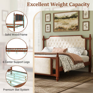 English Elm King Velvet Upholstered Platform Bed with Button Tufted Headboard and Carved Wood Posts Brown N761P428107D