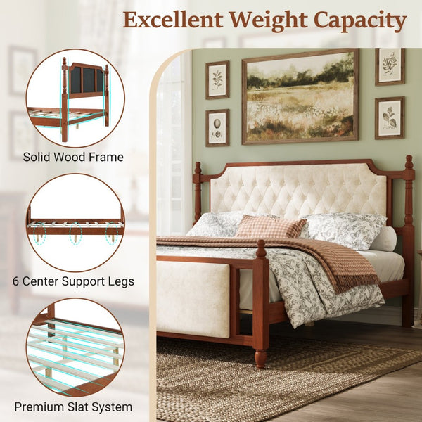 English Elm King Velvet Upholstered Platform Bed with Button Tufted Headboard and Carved Wood Posts Brown N761P428107D