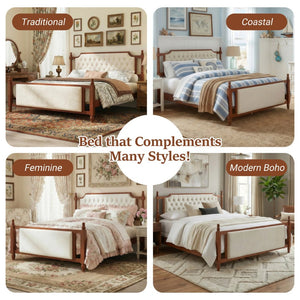 English Elm King Velvet Upholstered Platform Bed with Button Tufted Headboard and Carved Wood Posts Brown N761P428107D