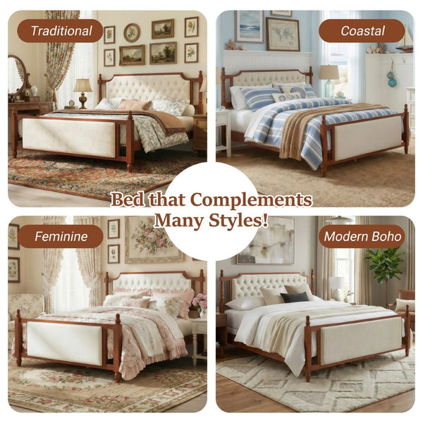 English Elm King Velvet Upholstered Platform Bed with Button Tufted Headboard and Carved Wood Posts Brown N761P428107D