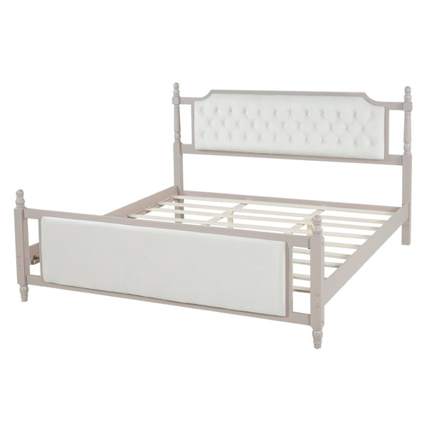 English Elm King Velvet Upholstered Platform Bed with Button Tufted Headboard and Carved Wood Posts Taupe N761P428107N