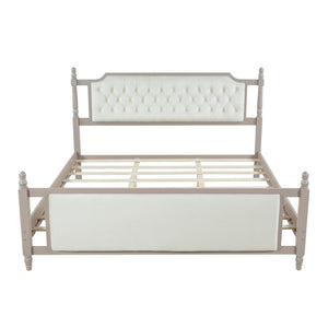 English Elm King Velvet Upholstered Platform Bed with Button Tufted Headboard and Carved Wood Posts Taupe N761P428107N