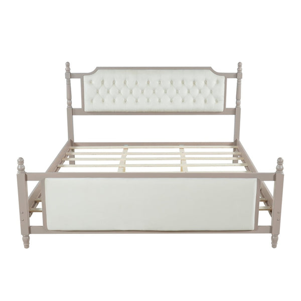 English Elm King Velvet Upholstered Platform Bed with Button Tufted Headboard and Carved Wood Posts Taupe N761P428107N