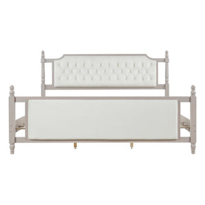 English Elm King Velvet Upholstered Platform Bed with Button Tufted Headboard and Carved Wood Posts Taupe N761P428107N