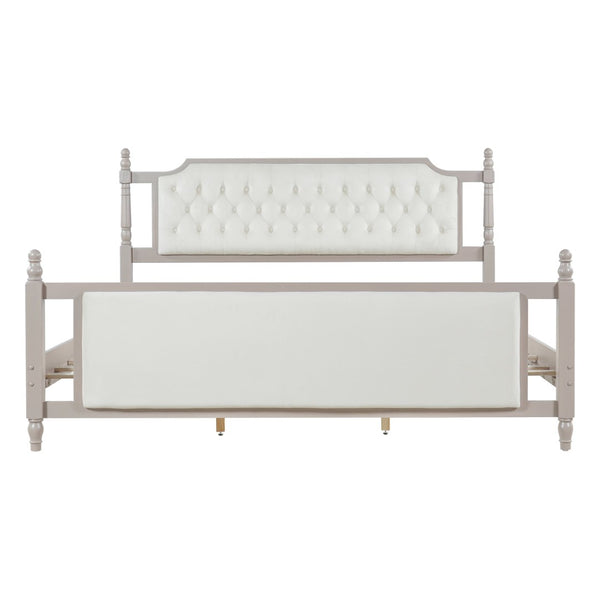 English Elm King Velvet Upholstered Platform Bed with Button Tufted Headboard and Carved Wood Posts Taupe N761P428107N