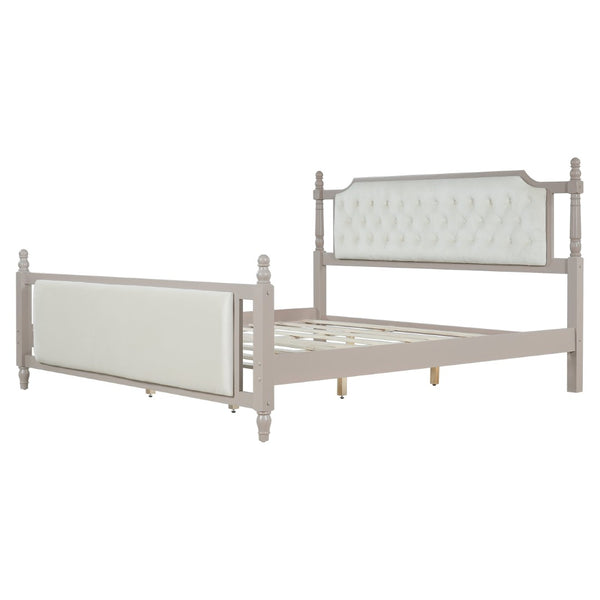 English Elm King Velvet Upholstered Platform Bed with Button Tufted Headboard and Carved Wood Posts Taupe N761P428107N