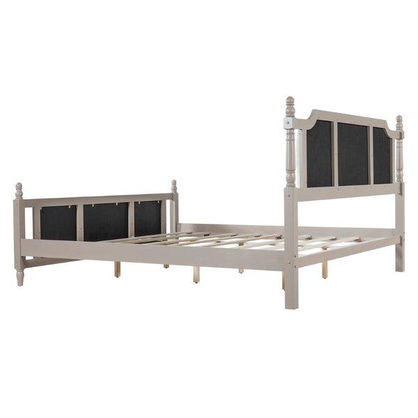 English Elm King Velvet Upholstered Platform Bed with Button Tufted Headboard and Carved Wood Posts Taupe N761P428107N
