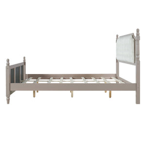 English Elm King Velvet Upholstered Platform Bed with Button Tufted Headboard and Carved Wood Posts Taupe N761P428107N