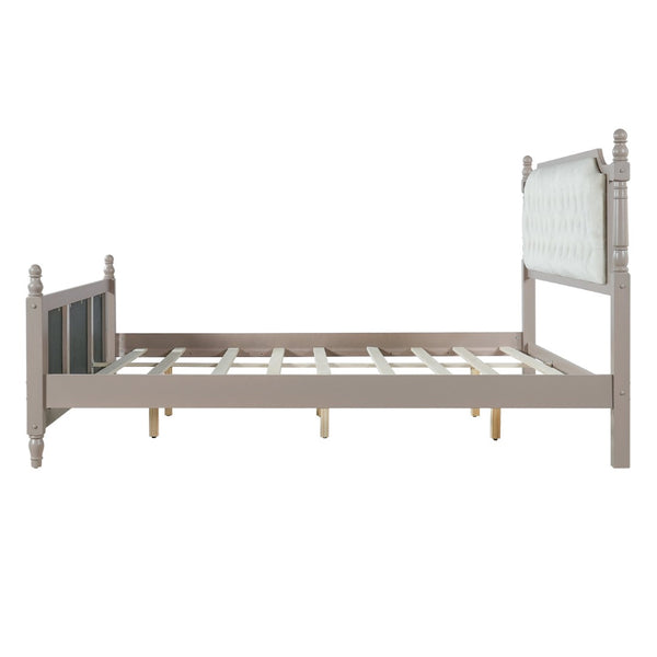 English Elm King Velvet Upholstered Platform Bed with Button Tufted Headboard and Carved Wood Posts Taupe N761P428107N