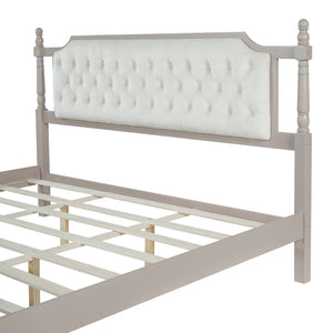 English Elm King Velvet Upholstered Platform Bed with Button Tufted Headboard and Carved Wood Posts Taupe N761P428107N