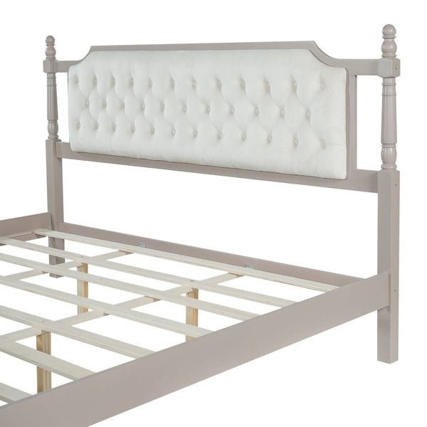 English Elm King Velvet Upholstered Platform Bed with Button Tufted Headboard and Carved Wood Posts Taupe N761P428107N