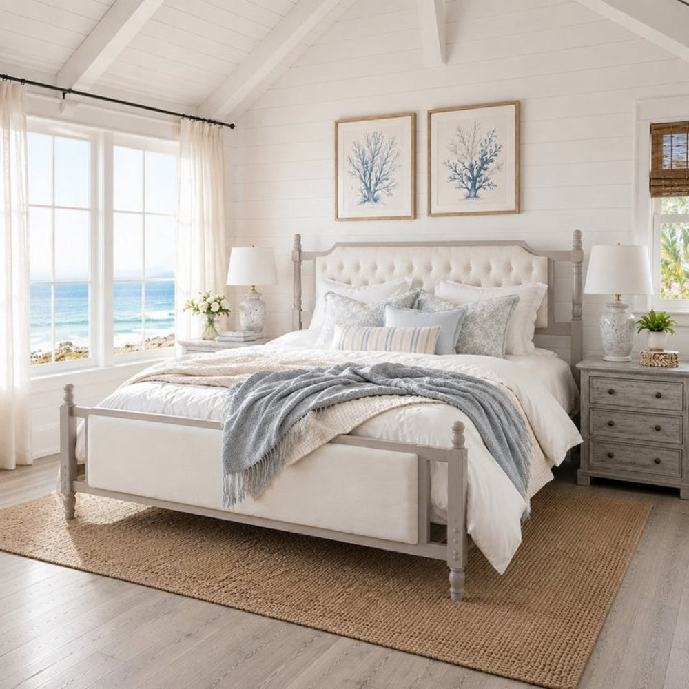 English Elm King Velvet Upholstered Platform Bed with Button Tufted Headboard and Carved Wood Posts Taupe N761P428107N