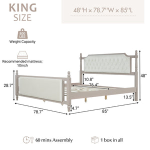 English Elm King Velvet Upholstered Platform Bed with Button Tufted Headboard and Carved Wood Posts Taupe N761P428107N