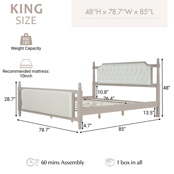 English Elm King Velvet Upholstered Platform Bed with Button Tufted Headboard and Carved Wood Posts Taupe N761P428107N