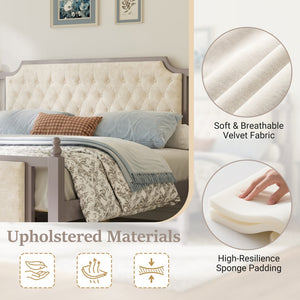 English Elm King Velvet Upholstered Platform Bed with Button Tufted Headboard and Carved Wood Posts Taupe N761P428107N