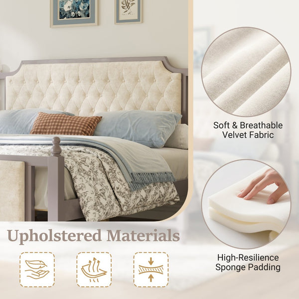 English Elm King Velvet Upholstered Platform Bed with Button Tufted Headboard and Carved Wood Posts Taupe N761P428107N