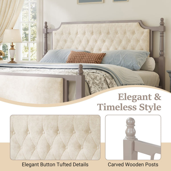 English Elm King Velvet Upholstered Platform Bed with Button Tufted Headboard and Carved Wood Posts Taupe N761P428107N