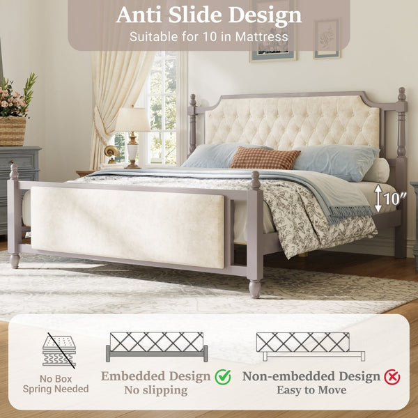 English Elm King Velvet Upholstered Platform Bed with Button Tufted Headboard and Carved Wood Posts Taupe N761P428107N