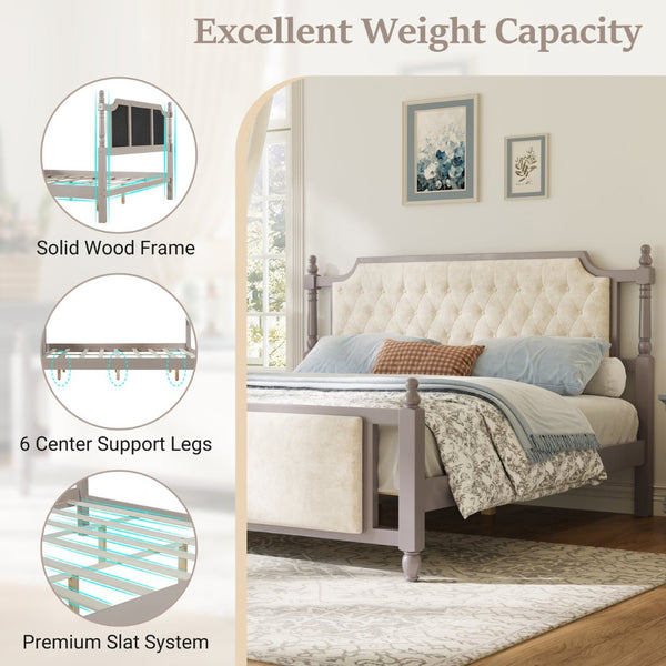 English Elm King Velvet Upholstered Platform Bed with Button Tufted Headboard and Carved Wood Posts Taupe N761P428107N