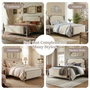 English Elm King Velvet Upholstered Platform Bed with Button Tufted Headboard and Carved Wood Posts Taupe N761P428107N