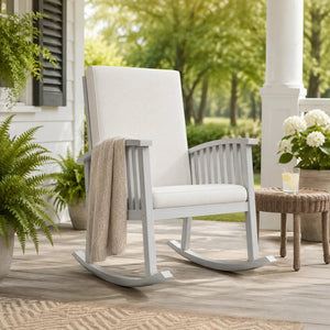 English Elm Casa Acacia Solid Hardwood Outdoor Rocking Chair with Padded Cushions for Porch Use Ivory N761P439578E