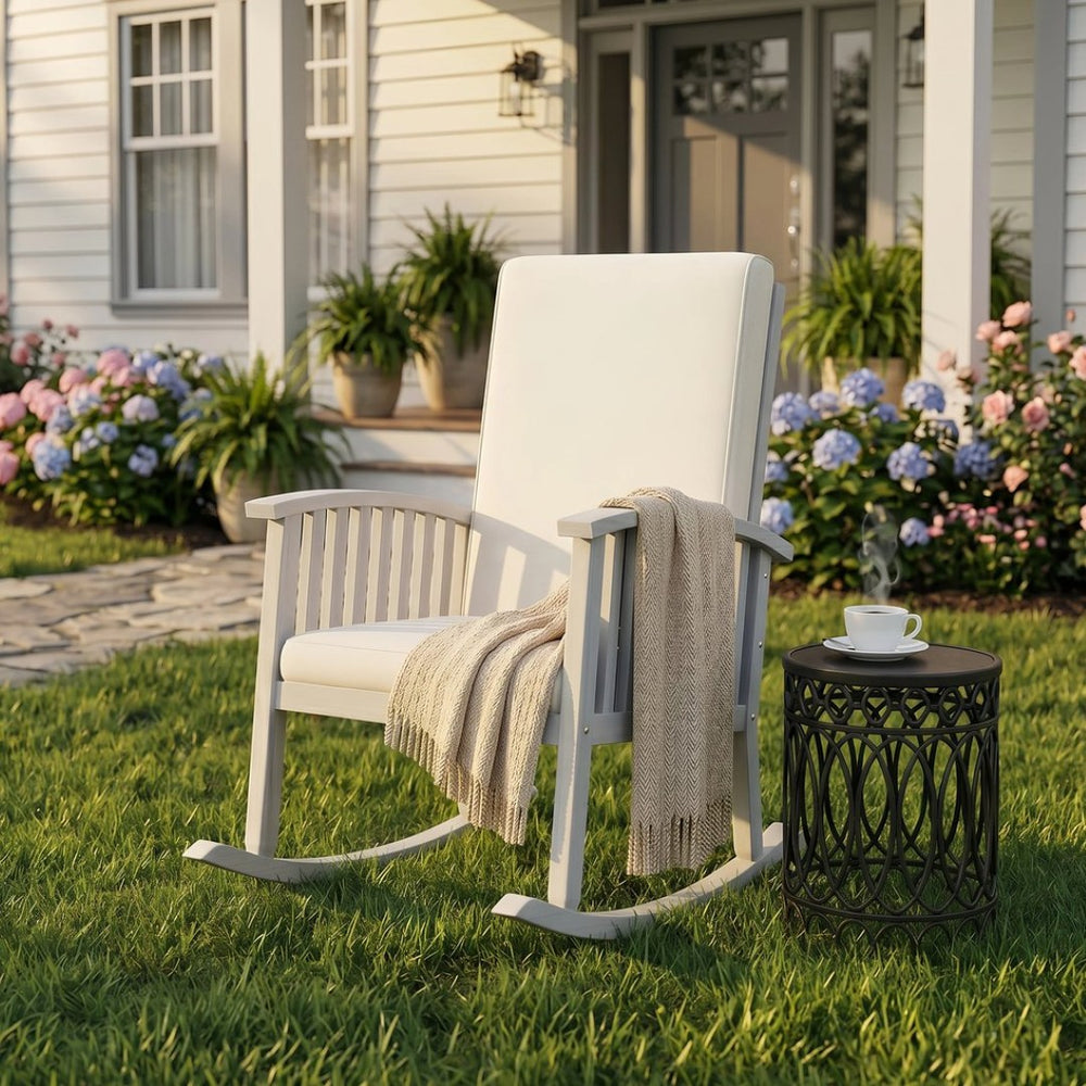 English Elm Casa Acacia Solid Hardwood Outdoor Rocking Chair with Padded Cushions for Porch Use Ivory N761P439578E