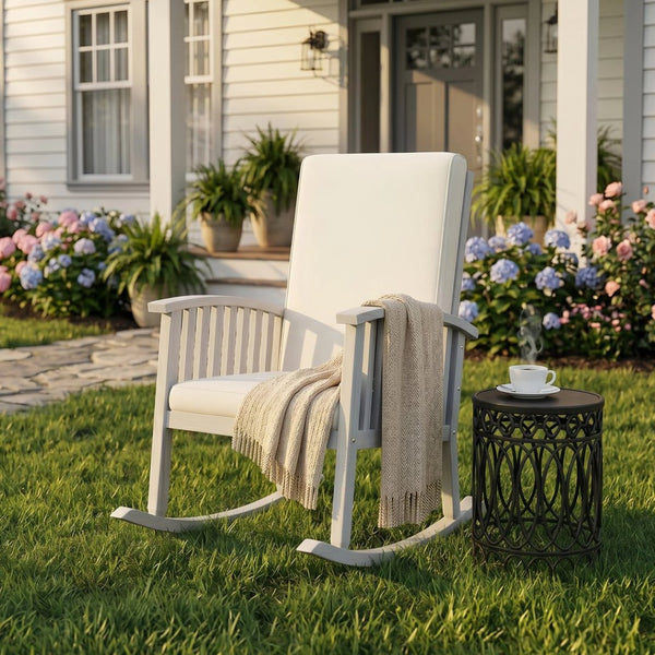 English Elm Casa Acacia Solid Hardwood Outdoor Rocking Chair with Padded Cushions for Porch Use Ivory N761P439578E
