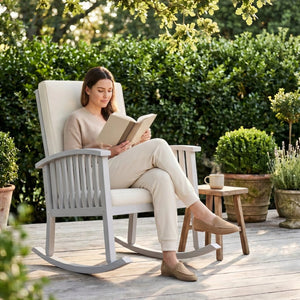 English Elm Casa Acacia Solid Hardwood Outdoor Rocking Chair with Padded Cushions for Porch Use Ivory N761P439578E