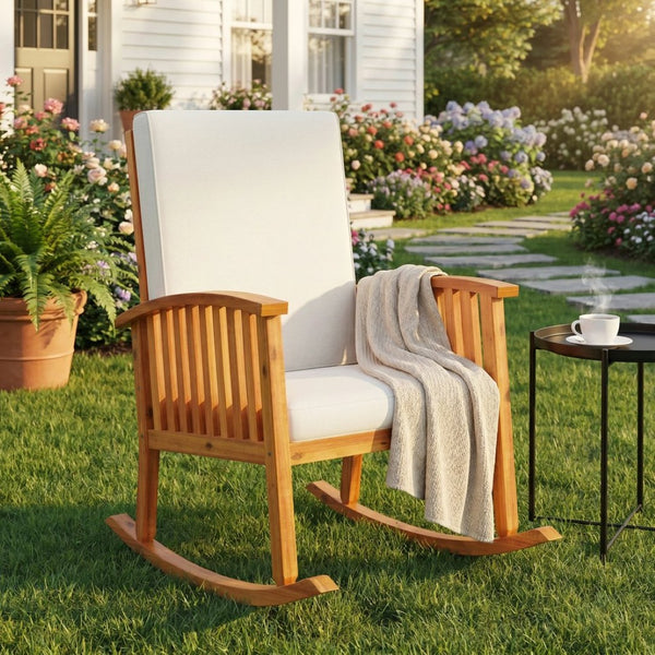 English Elm Casa Acacia Solid Hardwood Outdoor Rocking Chair with Padded Cushions for Porch Use Brown N761P439578T