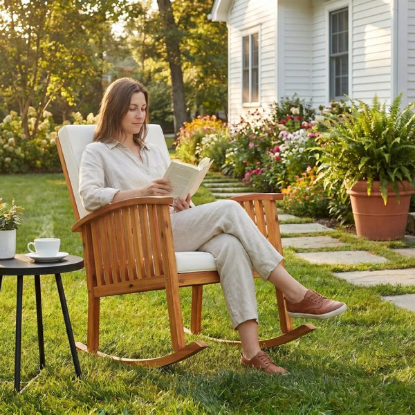 English Elm Casa Acacia Solid Hardwood Outdoor Rocking Chair with Padded Cushions for Porch Use Brown N761P439578T