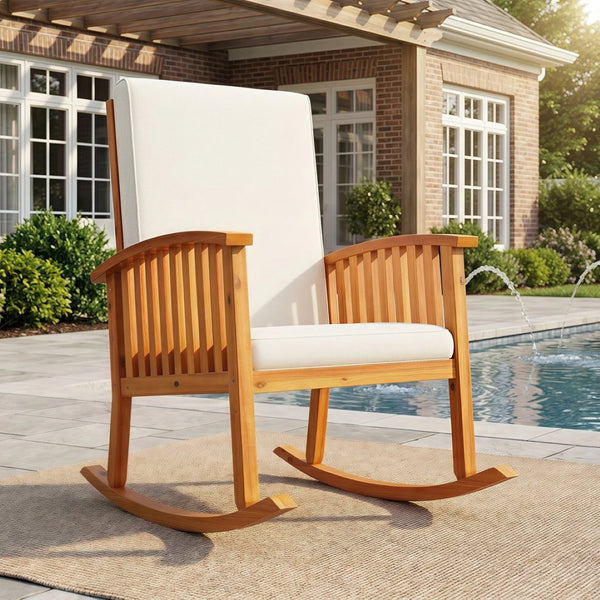 English Elm Casa Acacia Solid Hardwood Outdoor Rocking Chair with Padded Cushions for Porch Use Brown N761P439578T