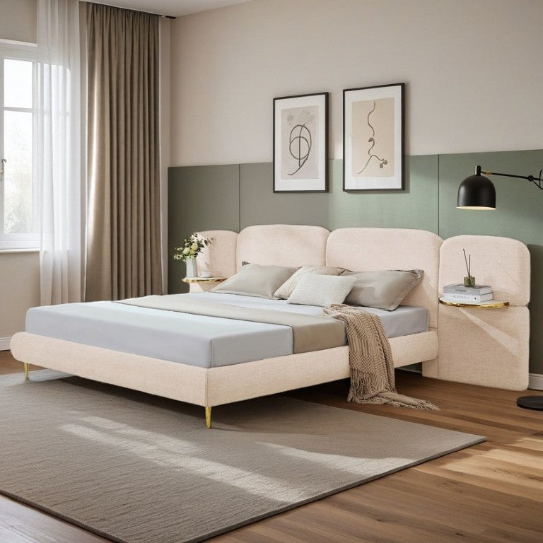 English Elm Modern King Platform Bed with Block Headboard Built-In Nightstands Gold Trim Beige N761S0000027W