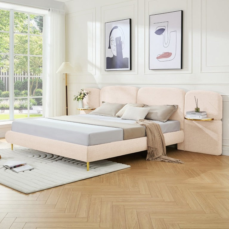 English Elm Modern King Platform Bed with Block Headboard Built-In Nightstands Gold Trim Beige N761S0000027W