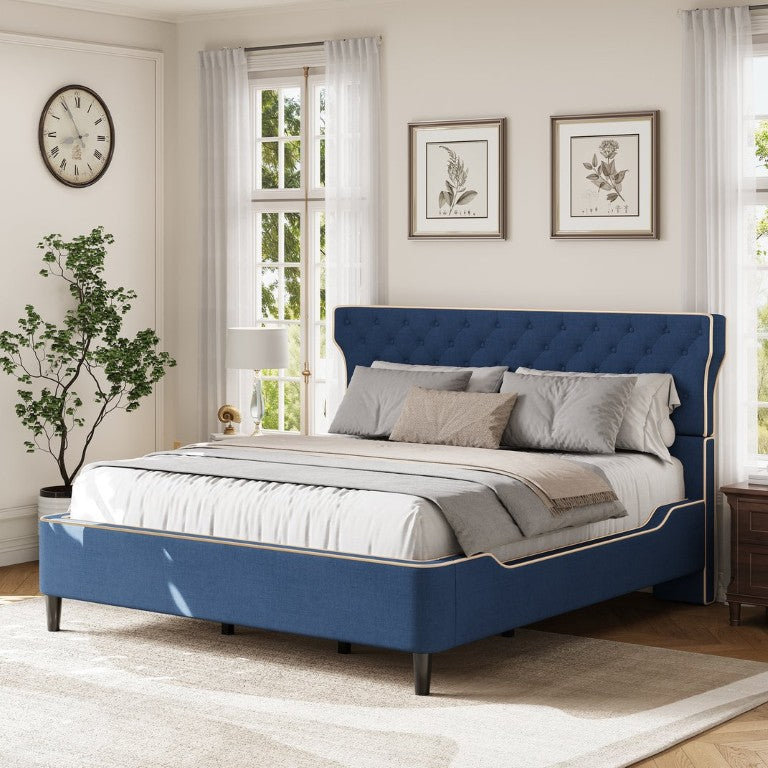 English Elm King Wingback Platform Bed with Button Tufted Upholstered Headboard and Piped Tailoring Blue N761S0000036C