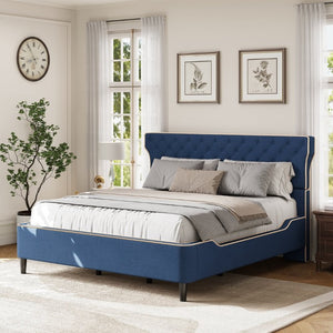 English Elm King Wingback Platform Bed with Button Tufted Upholstered Headboard and Piped Tailoring Blue N761S0000036C